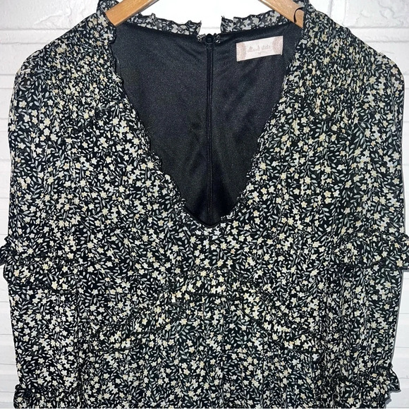 Altar’d State Black Floral Tiered Plunge Neck Boho Mini Dress, Size Medium - Picture 2 of 8